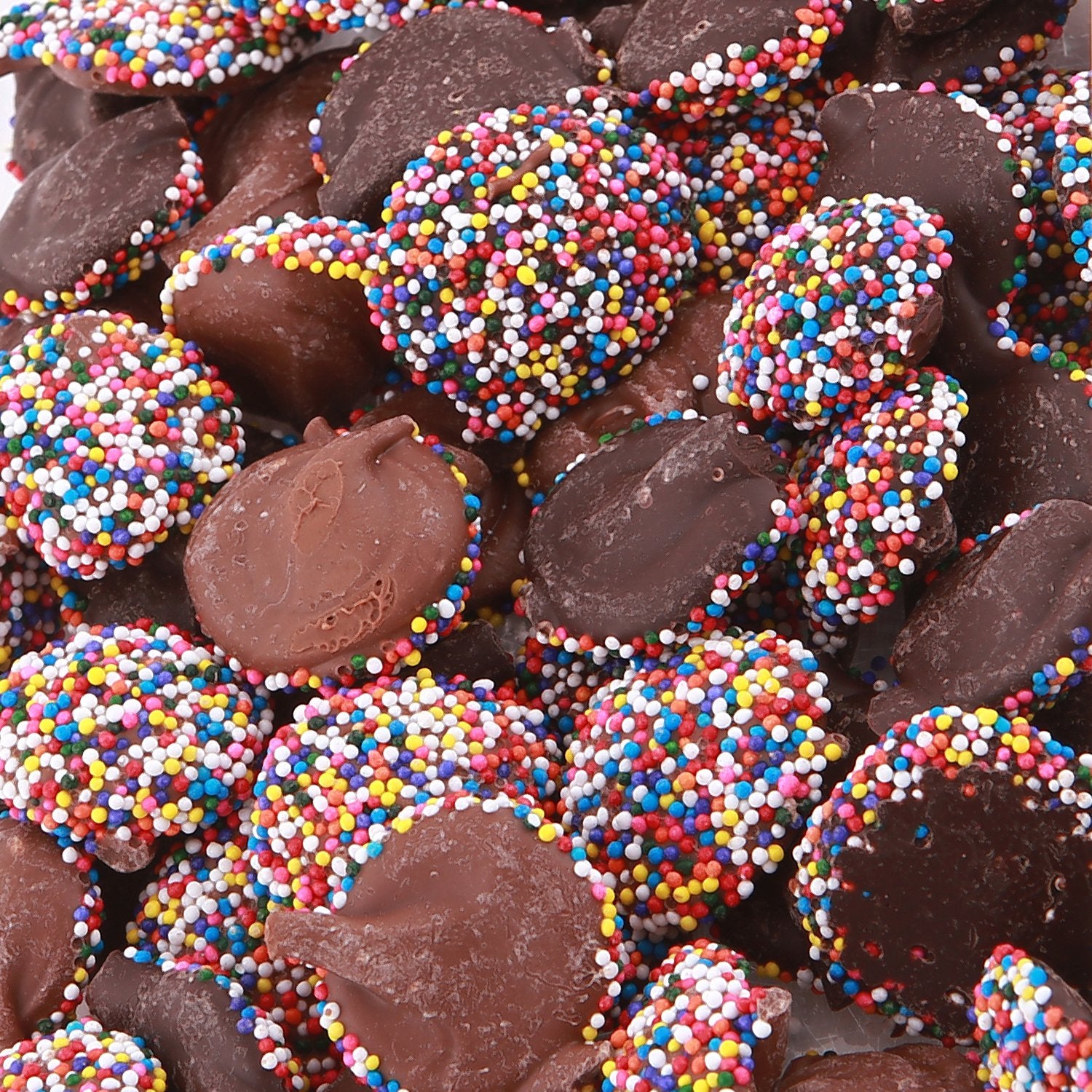 Lots of milk chocolate nonpareils, which are chocolate drops coated in candy sprinkles