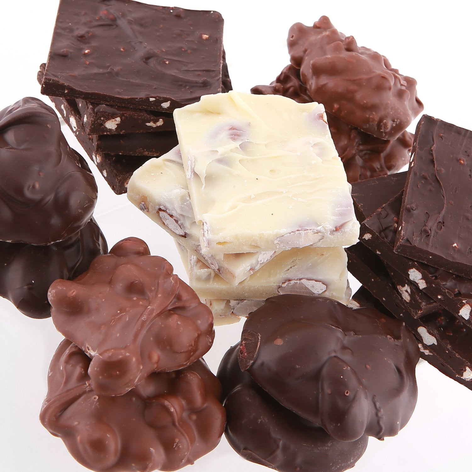White chocolate almond bark, peanut clusters, pecan bark, coconut clusters