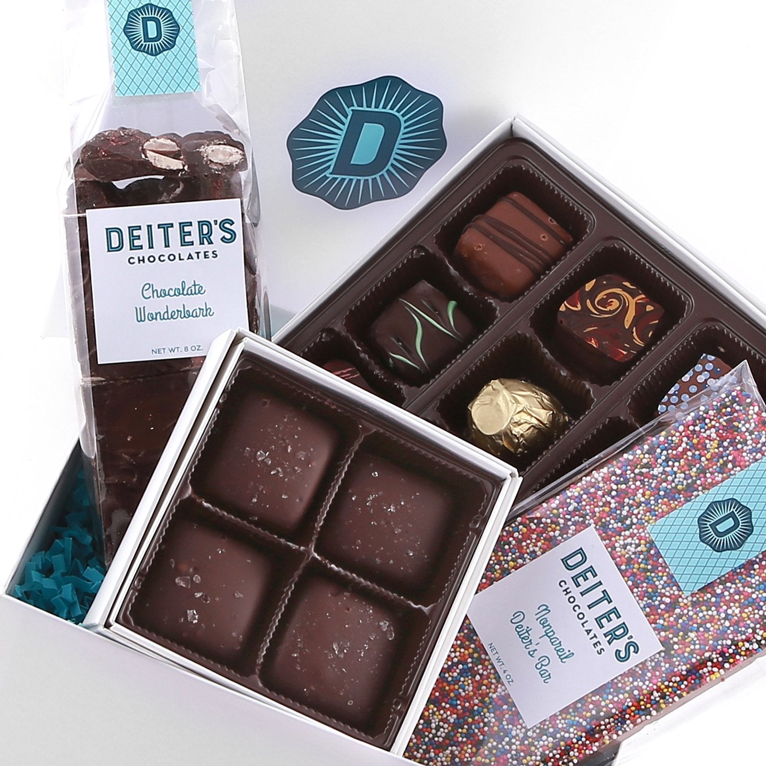salted caramels, 9-piece box of mixed truffles, chocolate wonder bark and a nonpareil chocolate bar