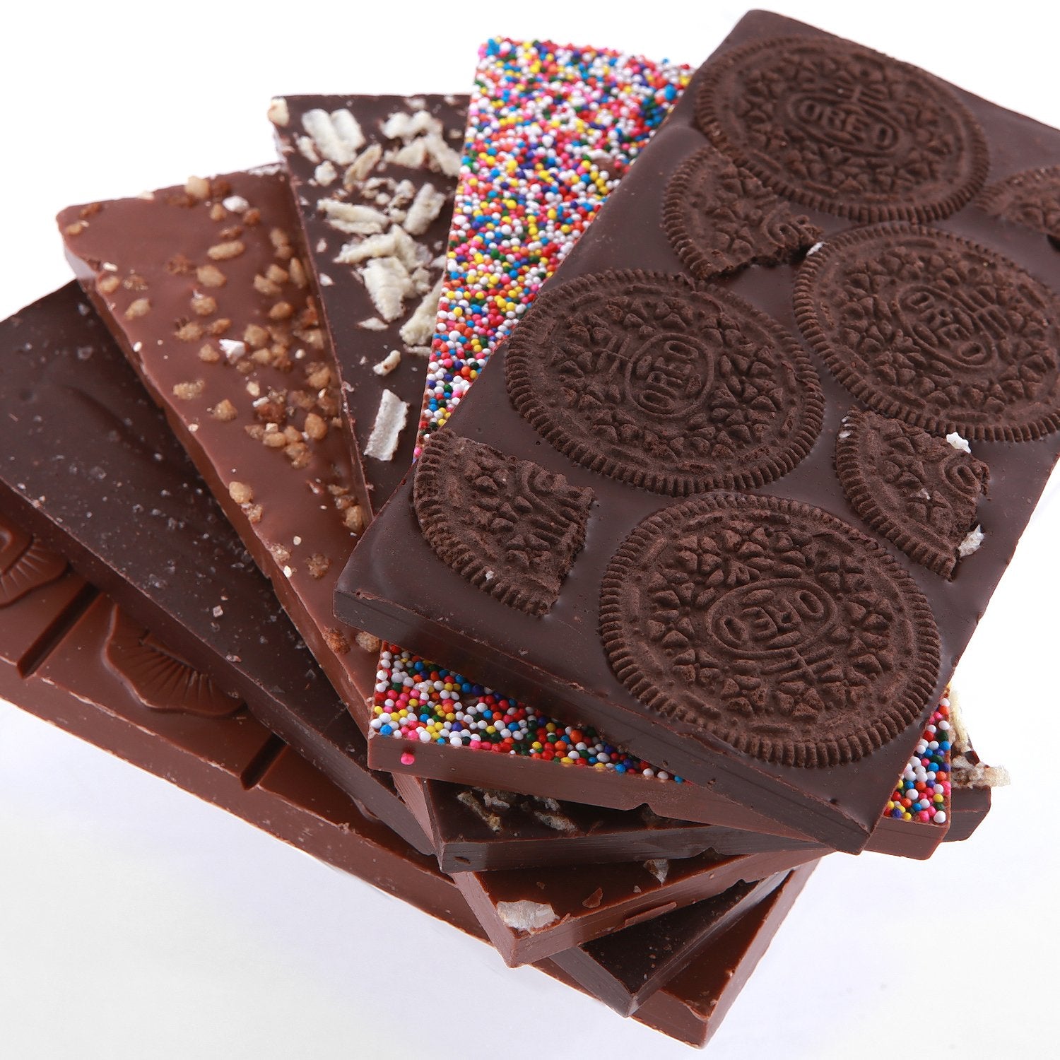 dark chocolate Oreo bar, milk chocolate nonpareil bar, dark chocolate potato chip bar, milk chocolate hazelnut bar, dark chocolate sea salt bar, milk chocolate bar.