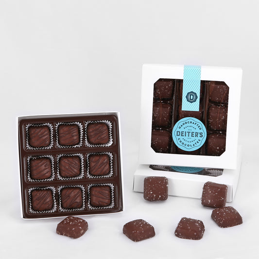 boxes of 9 caramels in sea salt or plain flavors