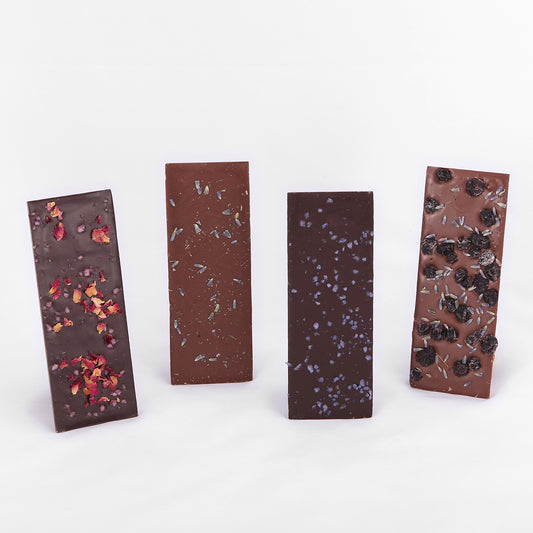 2-oz chocolate bars in flavors of rose, lavender, violet and blueberry