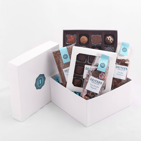 gift box of hazelnut toffee bar, 16-piece truffles, chocolate wonder bark, 9-piece caramels and bag of nonpareils