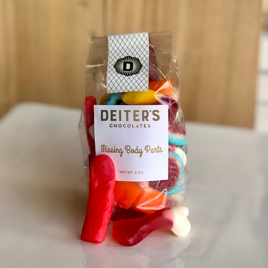 Bag of gummi body parts, like fingers, eyeballs and brains