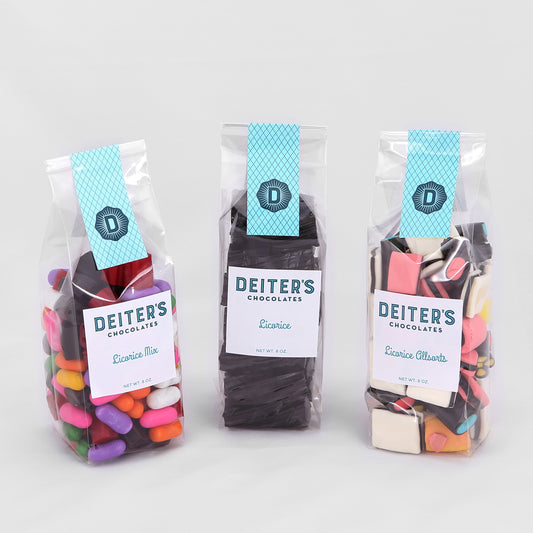 three bags of licorice: a mix, black licorice and licorice all sorts